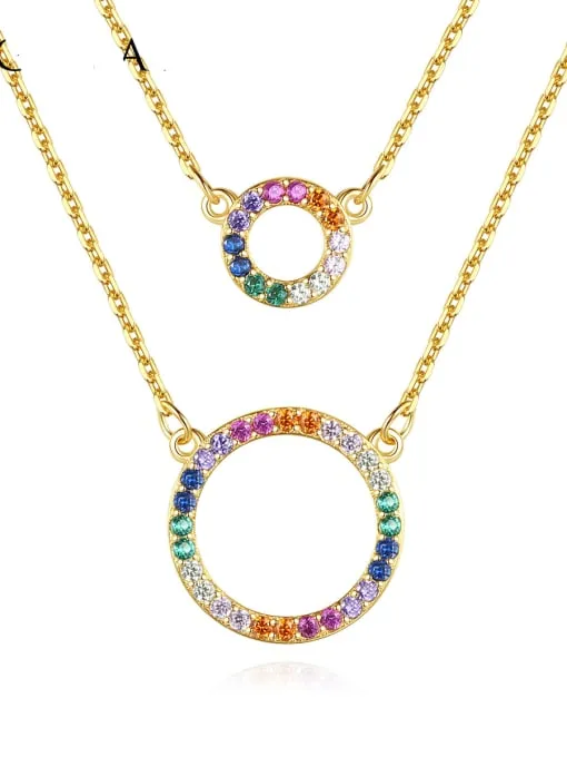 Circle Layered Necklace, 18K Gold Plated .925 Sterling Silver Diamond CZ 2:1 Dainty Necklace