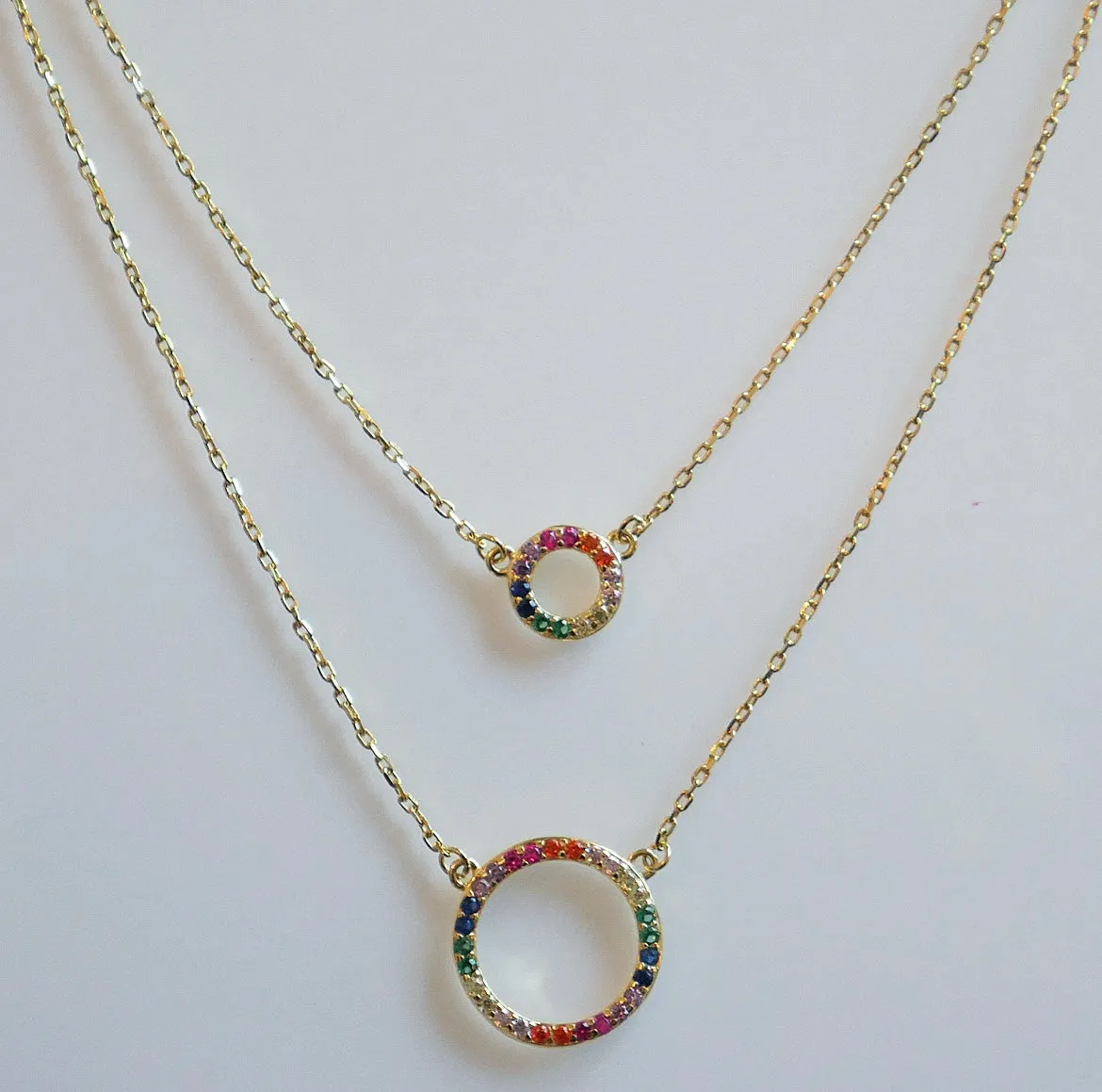 Circle Layered Necklace, 18K Gold Plated .925 Sterling Silver Diamond CZ 2:1 Dainty Necklace