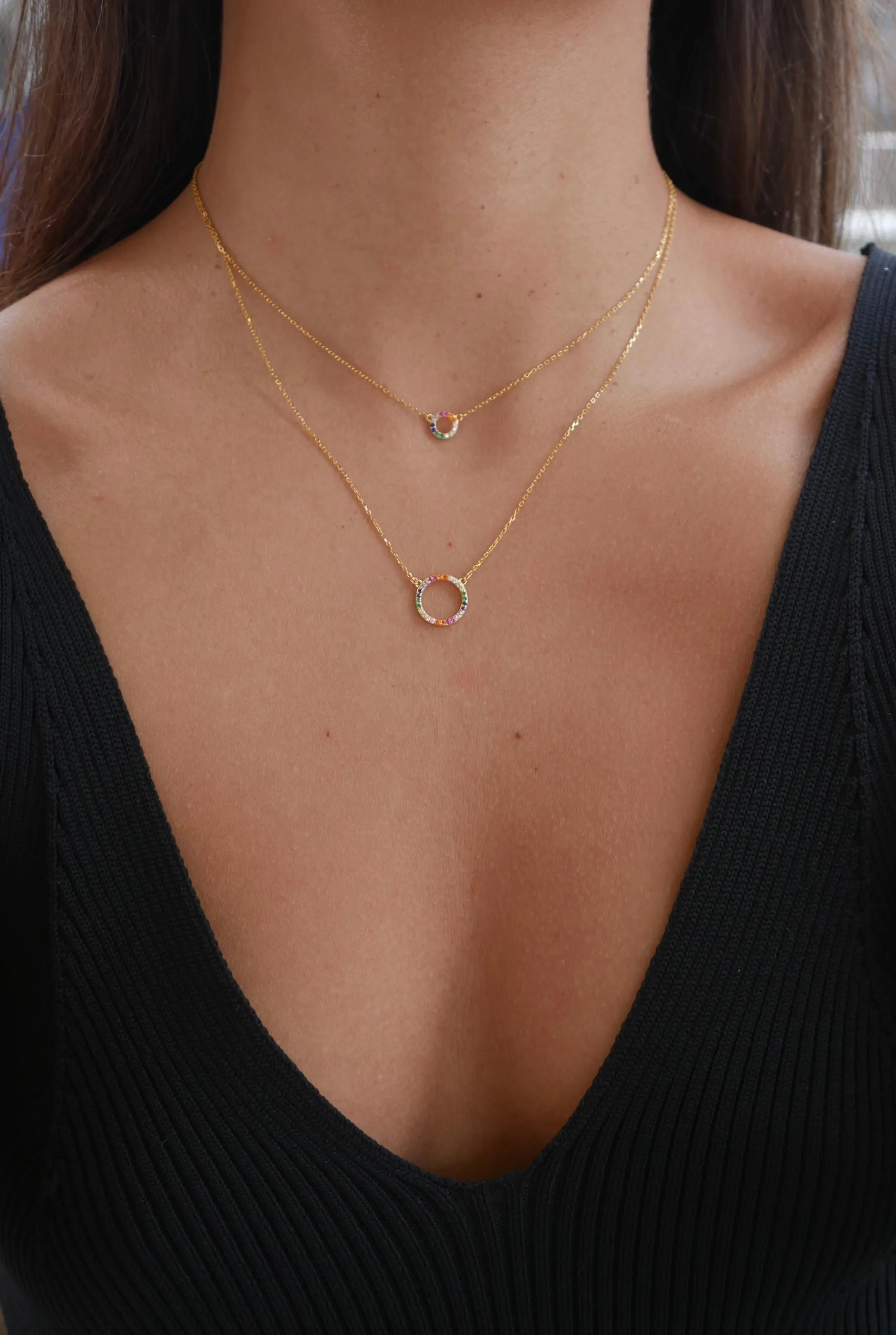 Circle Layered Necklace, 18K Gold Plated .925 Sterling Silver Diamond CZ 2:1 Dainty Necklace