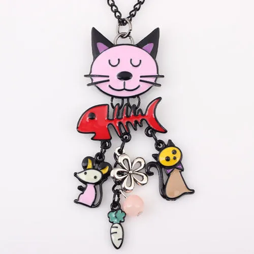 Colorful French Cat Necklace Enamel Pendant Fish Alloy Charm Brand Jewelry For Women Girl