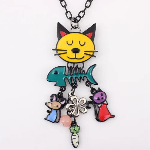 Colorful French Cat Necklace Enamel Pendant Fish Alloy Charm Brand Jewelry For Women Girl