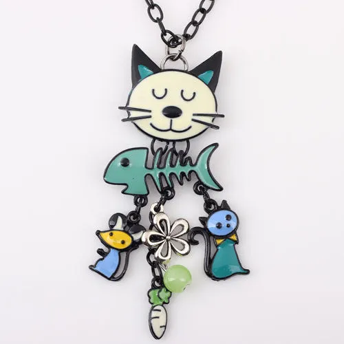 Colorful French Cat Necklace Enamel Pendant Fish Alloy Charm Brand Jewelry For Women Girl