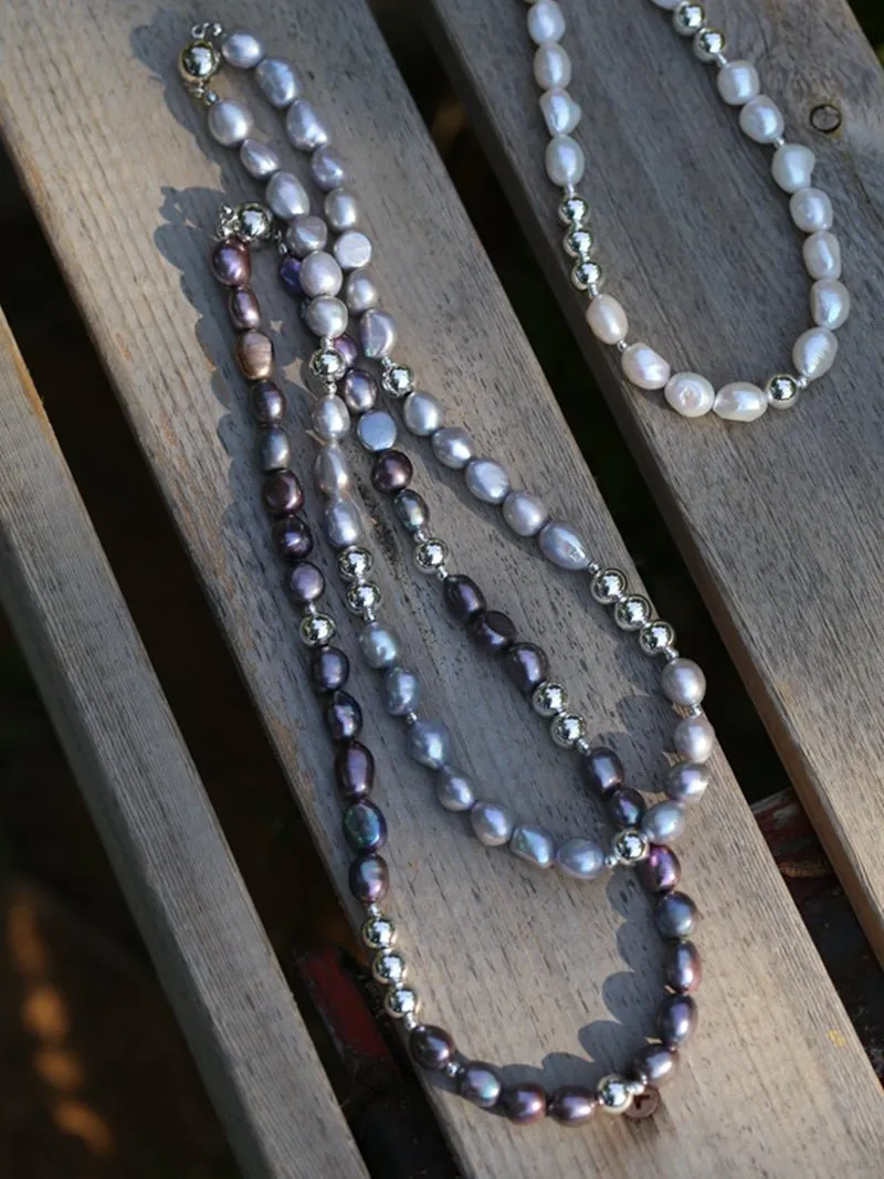 Colorful Freshwater Pearl and Silver Ball Beaded Necklace