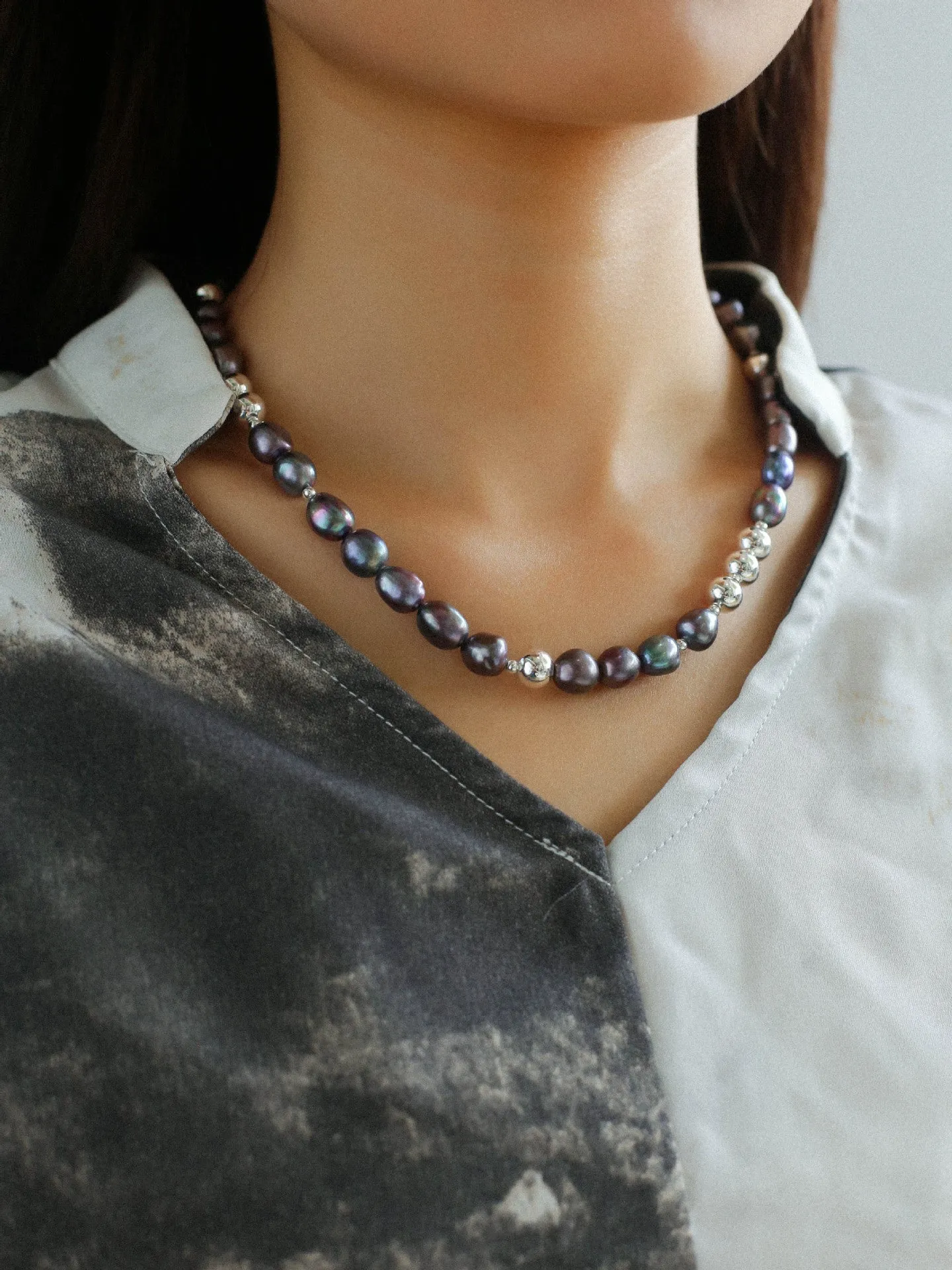 Colorful Freshwater Pearl and Silver Ball Beaded Necklace