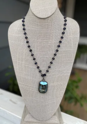 Crystal Rectangle Drop with Beaded Necklace, 36”