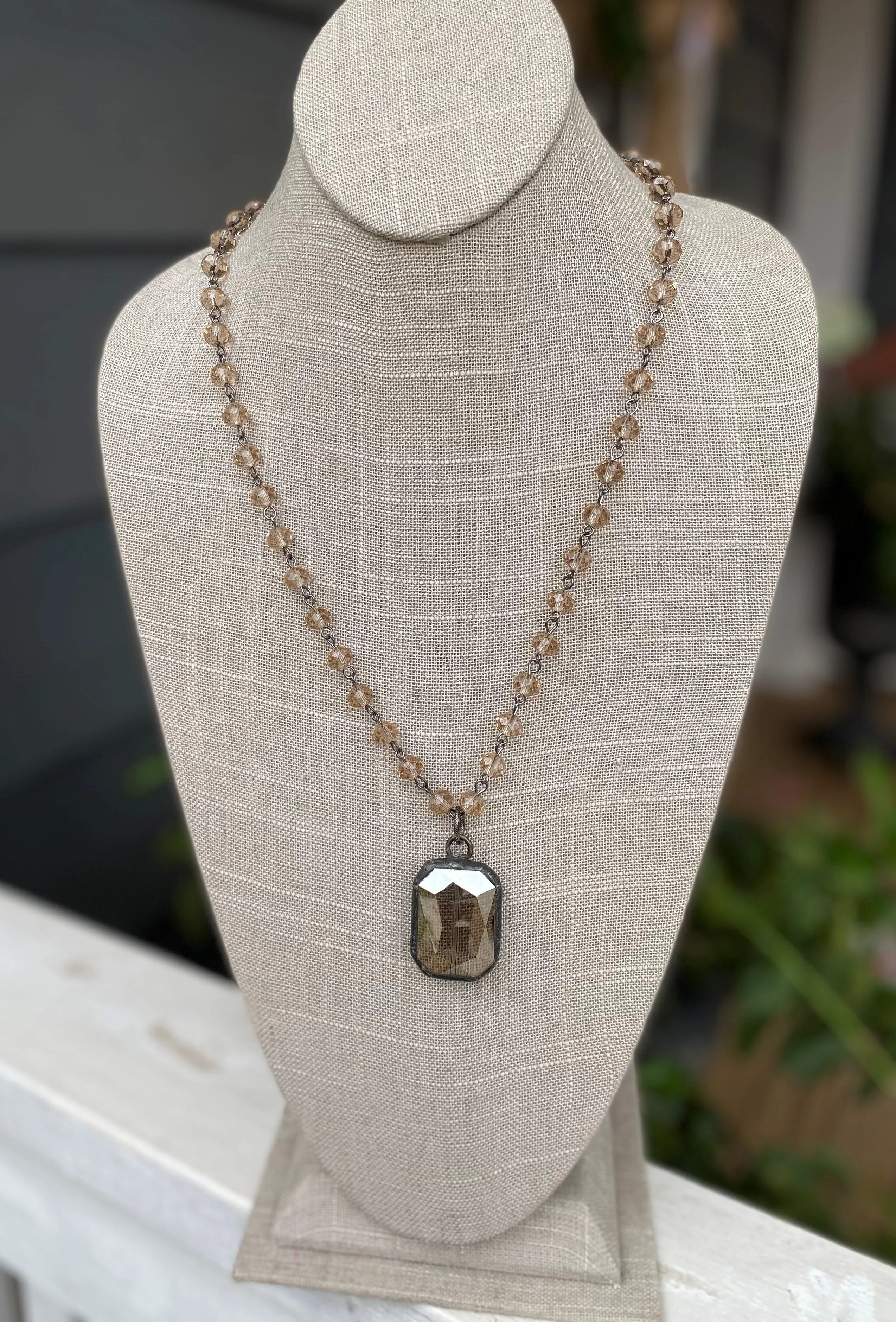 Crystal Rectangle Drop with Beaded Necklace, 36”