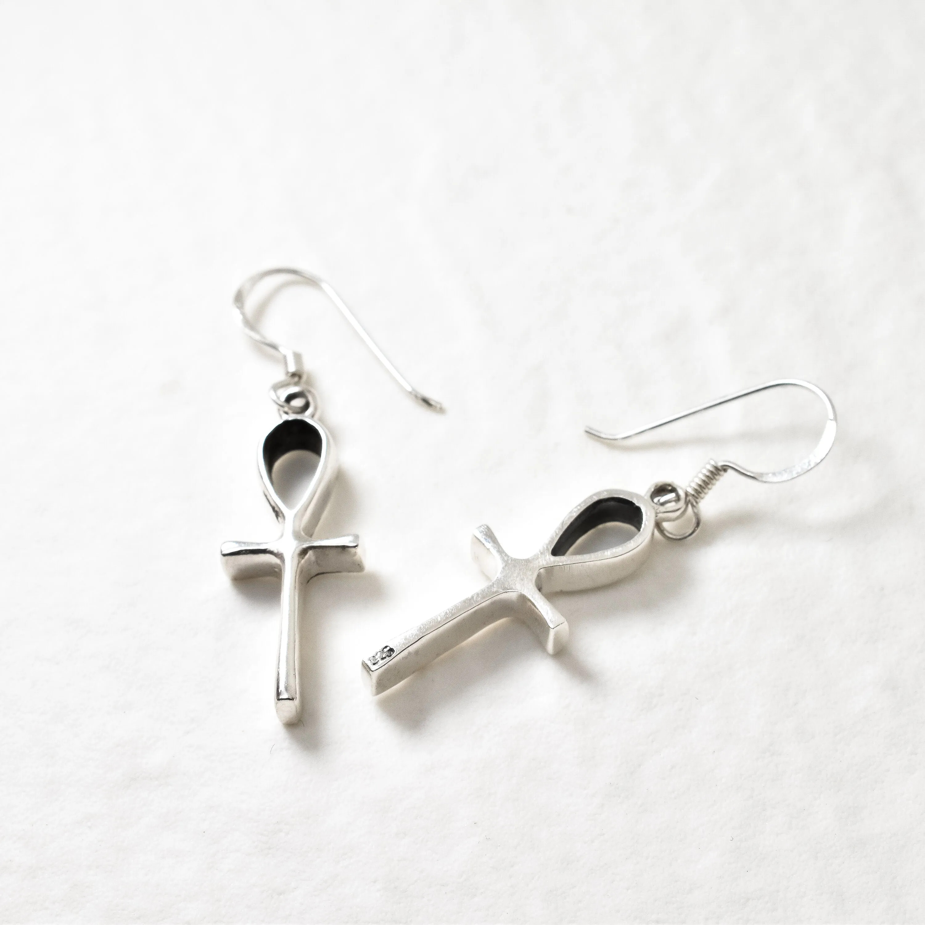 Dangling Cross Earrings - Silver Ankh Earrings - Long Egyptian Earrings