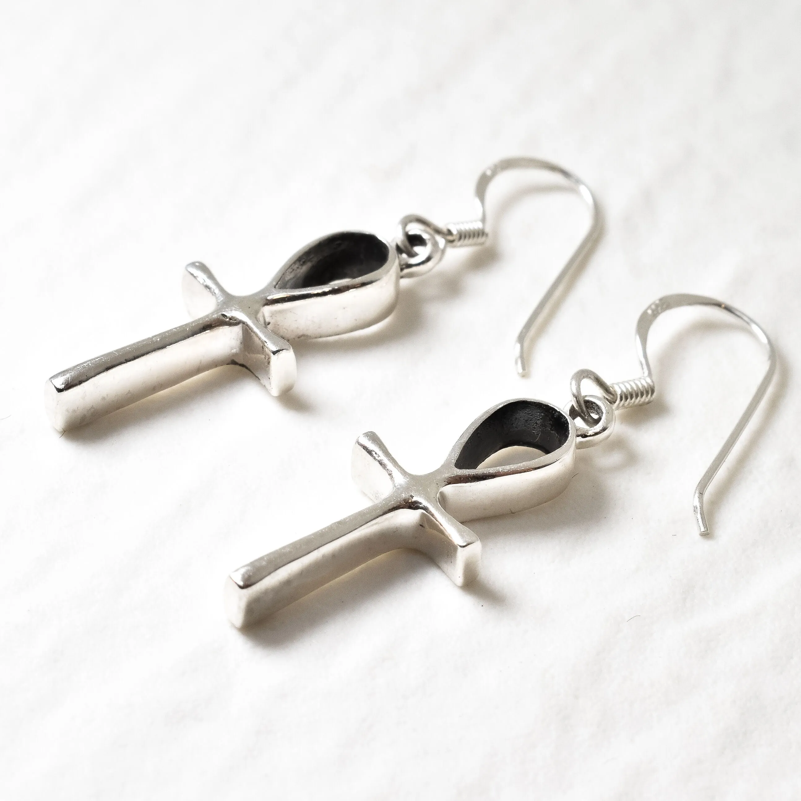 Dangling Cross Earrings - Silver Ankh Earrings - Long Egyptian Earrings