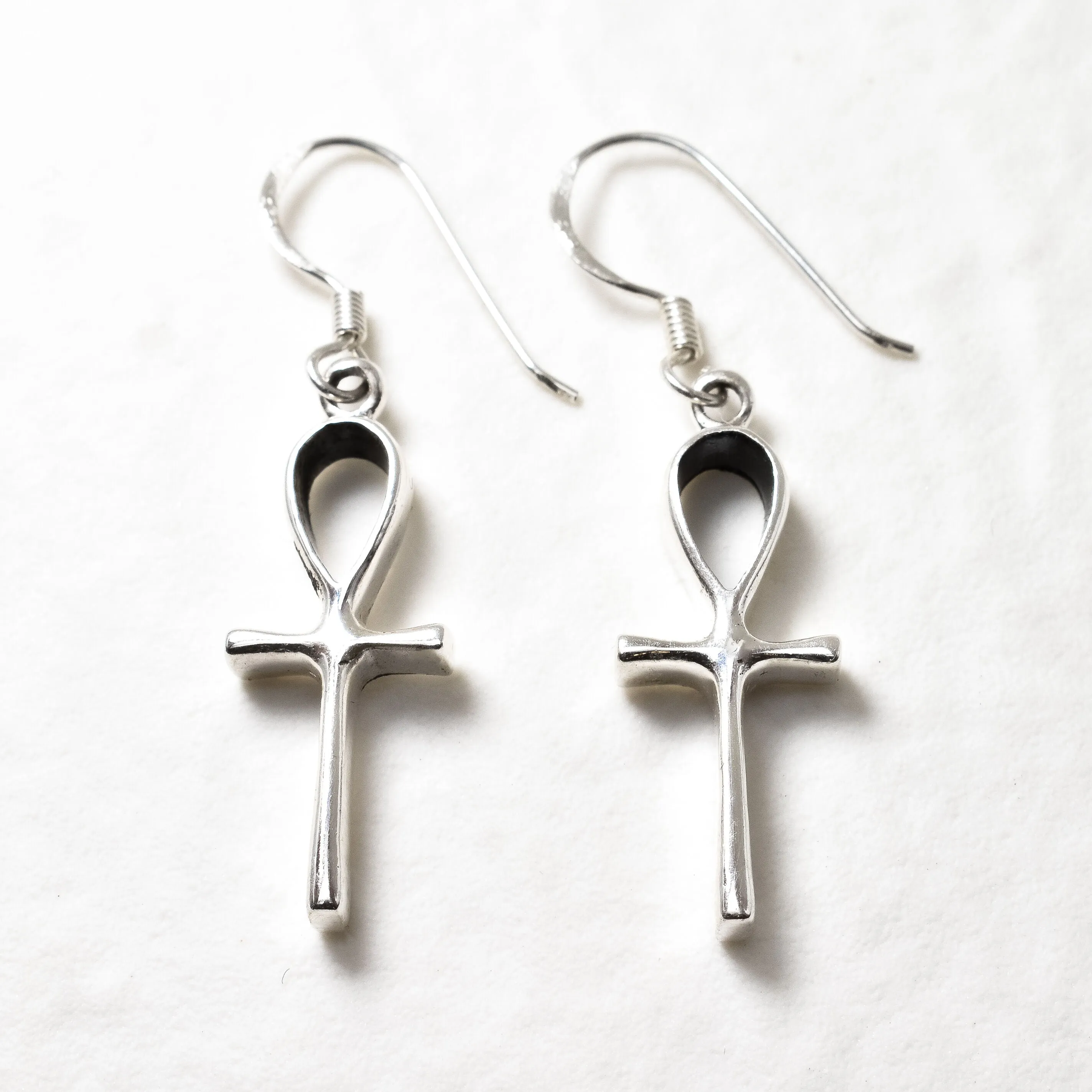 Dangling Cross Earrings - Silver Ankh Earrings - Long Egyptian Earrings