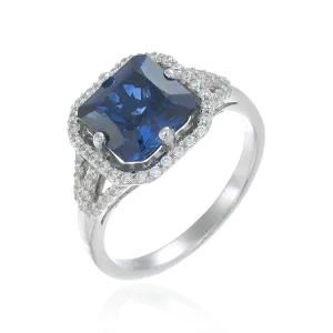 Elegant Sparkling Sapphire Blue Ring with Halo