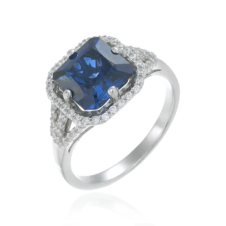 Elegant Sparkling Sapphire Blue Ring with Halo