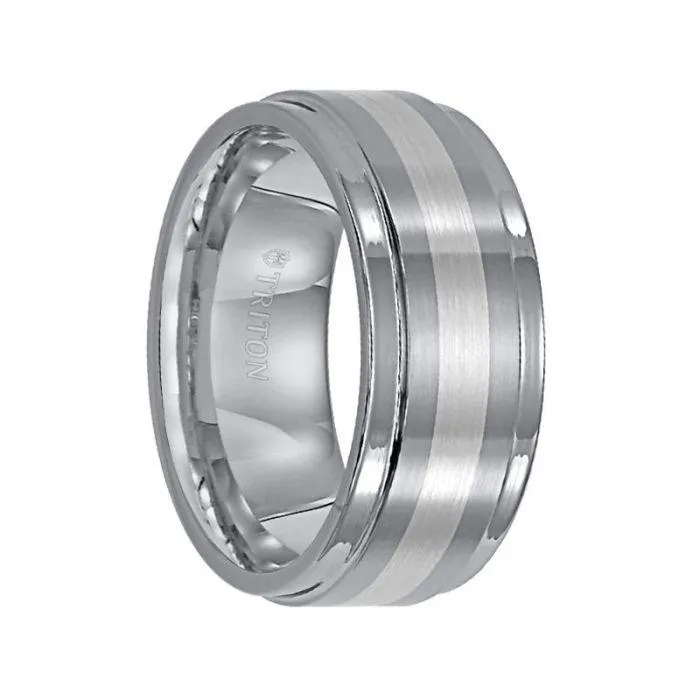 ENOCH Raised Brushed Center Tungsten Carbide Comfort Fit Wedding Band with Polished Rounded Rims and Platinum Inlay by Triton Rings - 9 mm