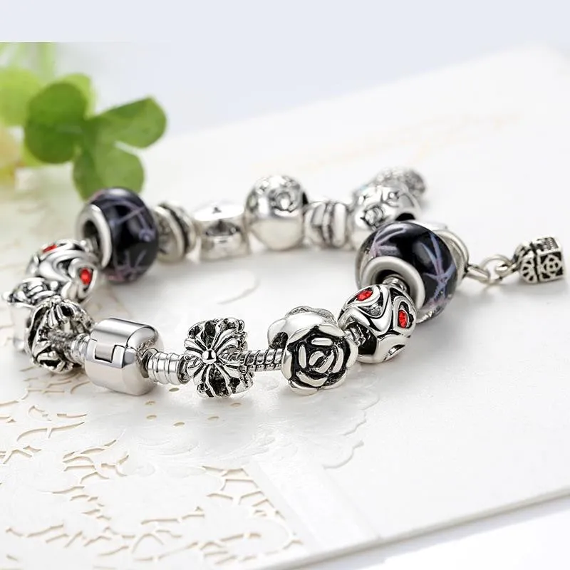 Fashion Jewelry Enamel Silver Bracelet European Murano Glass Beads Crystal Heart Charm Bracelet Bangle for Women