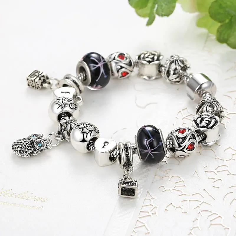 Fashion Jewelry Enamel Silver Bracelet European Murano Glass Beads Crystal Heart Charm Bracelet Bangle for Women