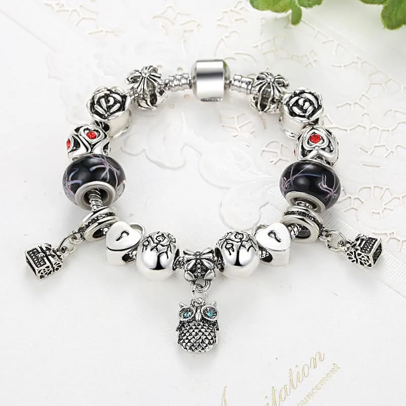 Fashion Jewelry Enamel Silver Bracelet European Murano Glass Beads Crystal Heart Charm Bracelet Bangle for Women