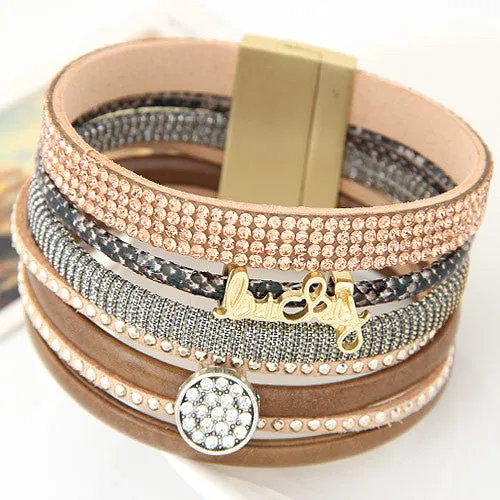 Fashion Rhinestone Lucky Letter Multilayer Leather Bracelet Bangles with Wide Magnetic Wristband Jewelry For Women men gift