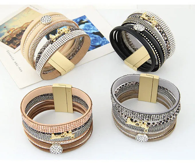 Fashion Rhinestone Lucky Letter Multilayer Leather Bracelet Bangles with Wide Magnetic Wristband Jewelry For Women men gift