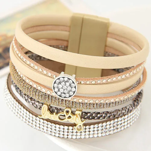 Fashion Rhinestone Lucky Letter Multilayer Leather Bracelet Bangles with Wide Magnetic Wristband Jewelry For Women men gift