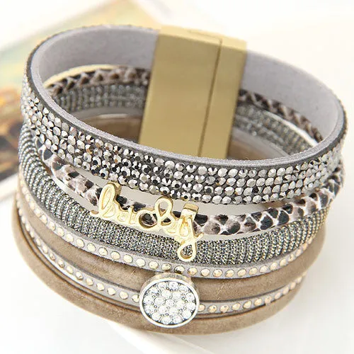 Fashion Rhinestone Lucky Letter Multilayer Leather Bracelet Bangles with Wide Magnetic Wristband Jewelry For Women men gift