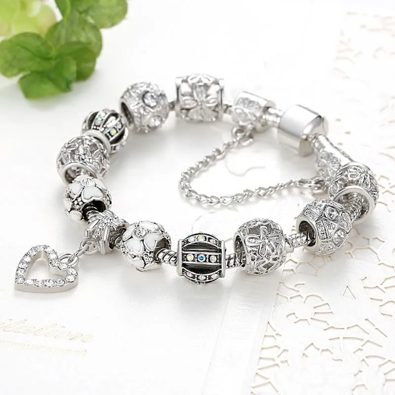 Fashion Silver Heart Charms Bracelet Bangle for Women DIY 925 Crystal Beads Fit Original Bracelets Women Pulseira Jewelry Gift