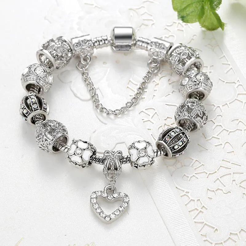 Fashion Silver Heart Charms Bracelet Bangle for Women DIY 925 Crystal Beads Fit Original Bracelets Women Pulseira Jewelry Gift