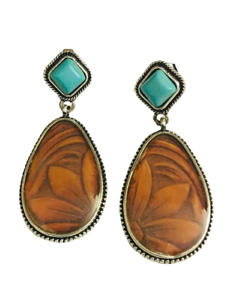 Faux Tooled Leather Earrings with Turquoise