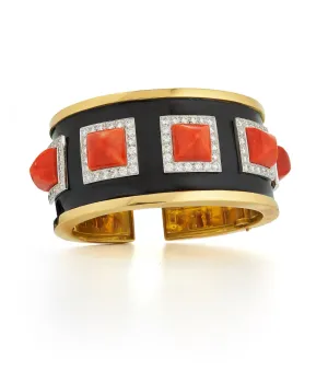 Five Stone Bastille Cuff, Coral, Black Enamel