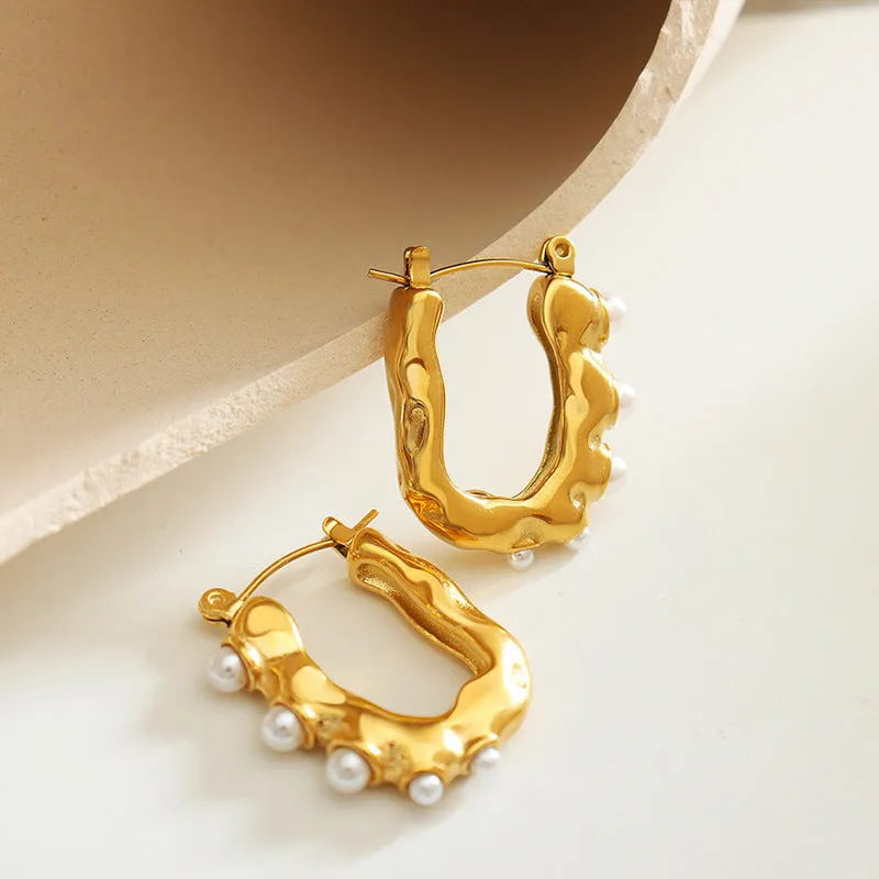 French Chic 18K Gold Plated U-Shaped Earrings with Imitation Pearls