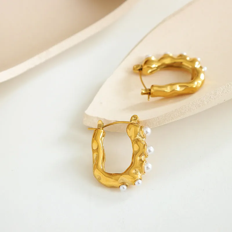 French Chic 18K Gold Plated U-Shaped Earrings with Imitation Pearls