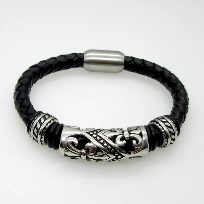 Genuine Leather Bracelet Men Stainless Steel Leather Braid Bracelet With Magnetic Buckle Claps Pulseiras Masculina