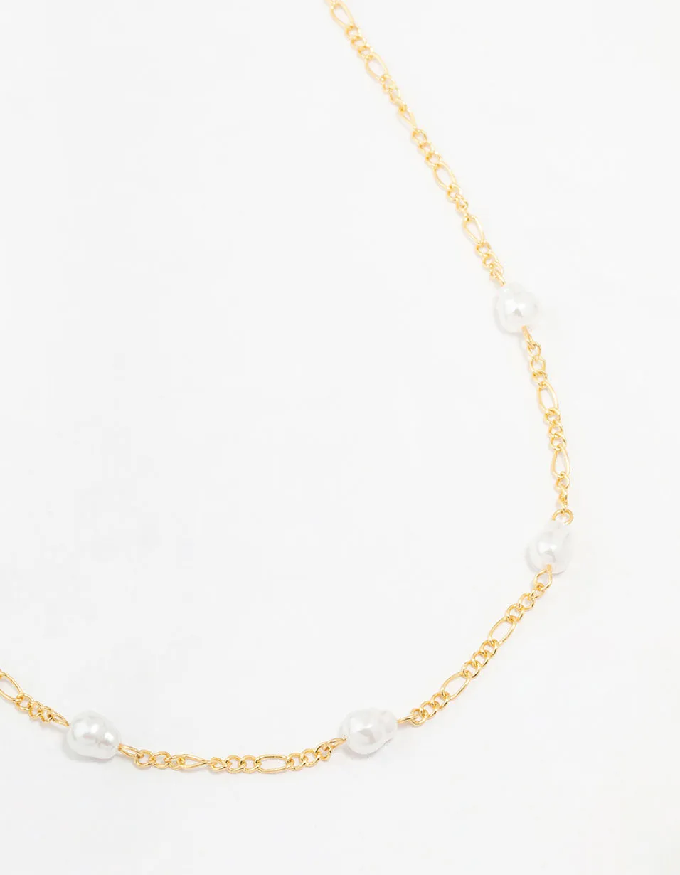 Gold Figaro Pearl Station Necklace