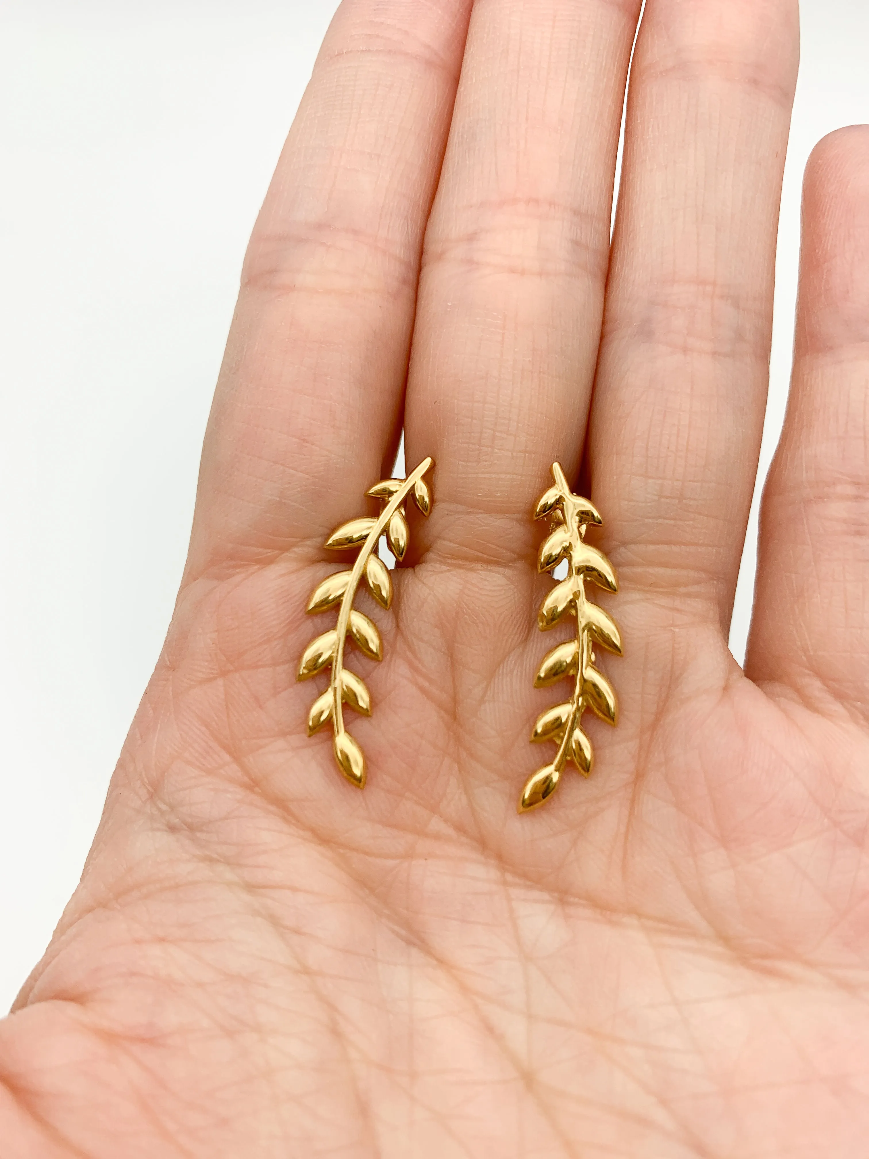 Gold Leaves Earrings - Long Drop Earrings - Olive Leaf Earrings