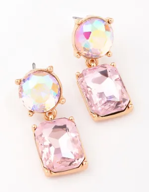 Gold Round & Rectangular Pink Drop Earrings