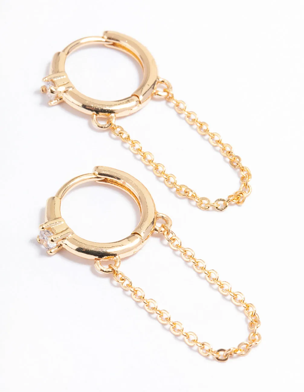 Gold Simple Diamante & Chain Huggie Earrings