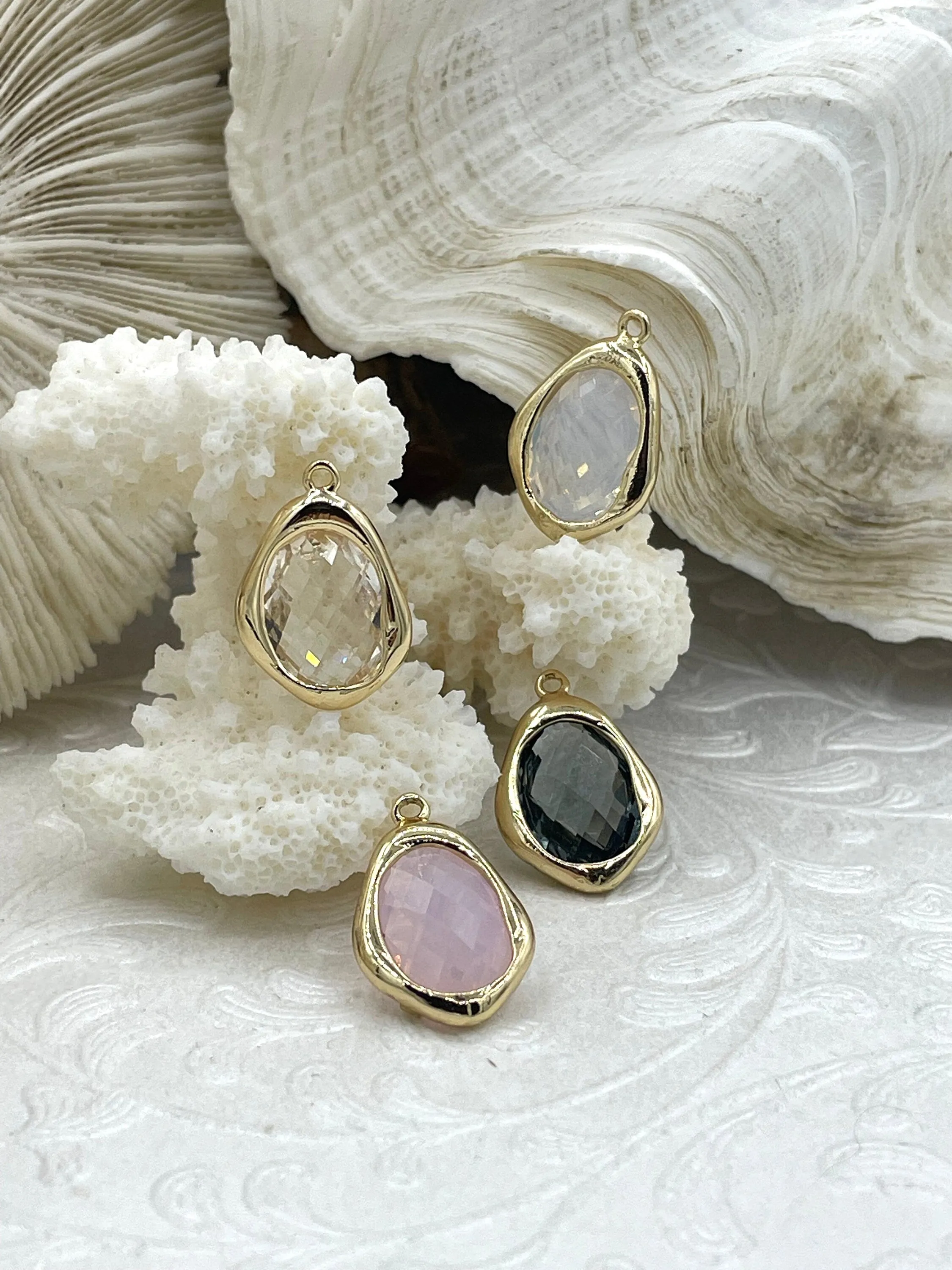 Gold Trimmed Crystal  Drop Pendants, Gold Trimmed Charms. Gold plated bezel, 4 styles, clear, grey, cream, and pink. Fast Ship