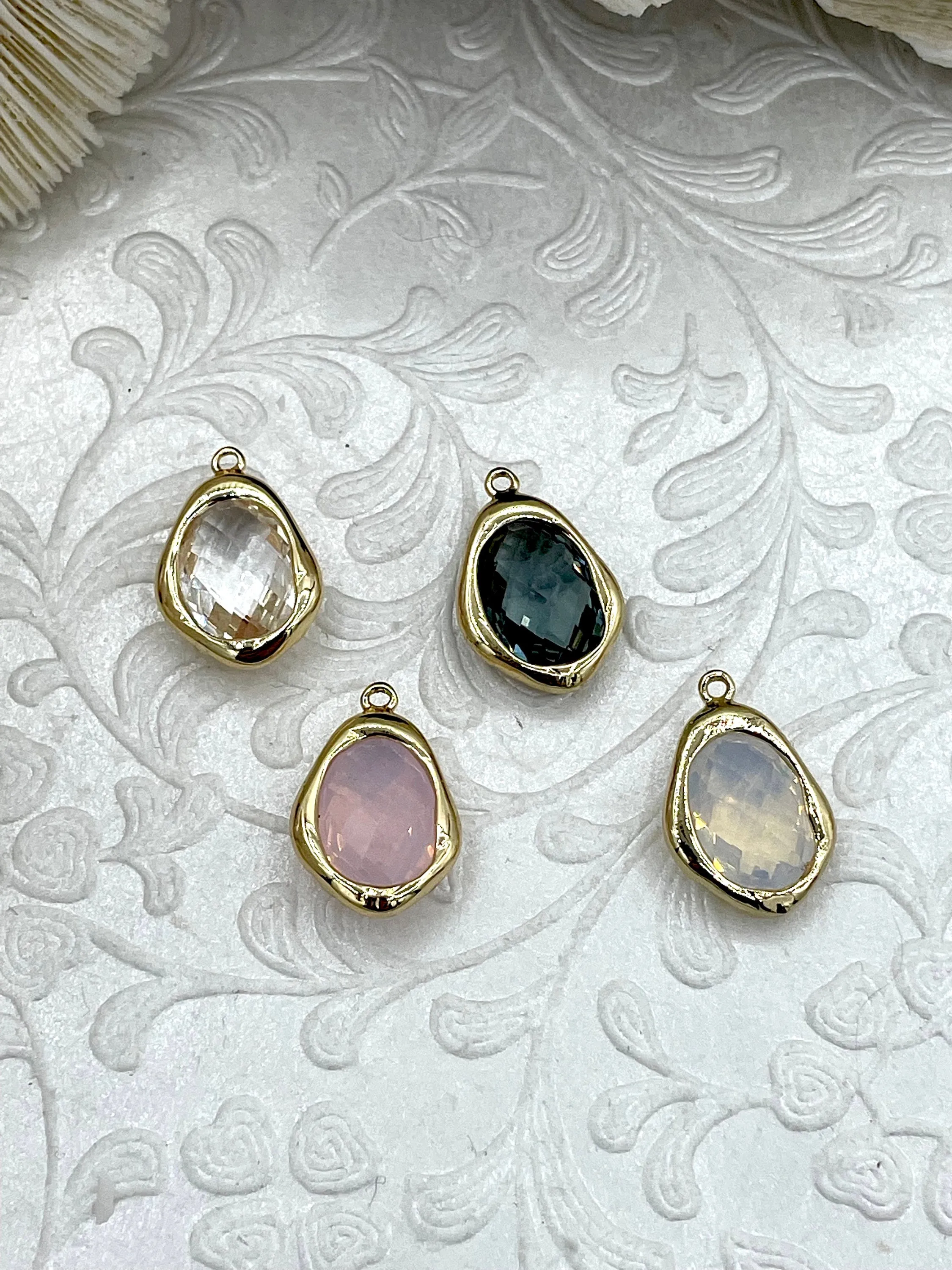 Gold Trimmed Crystal  Drop Pendants, Gold Trimmed Charms. Gold plated bezel, 4 styles, clear, grey, cream, and pink. Fast Ship