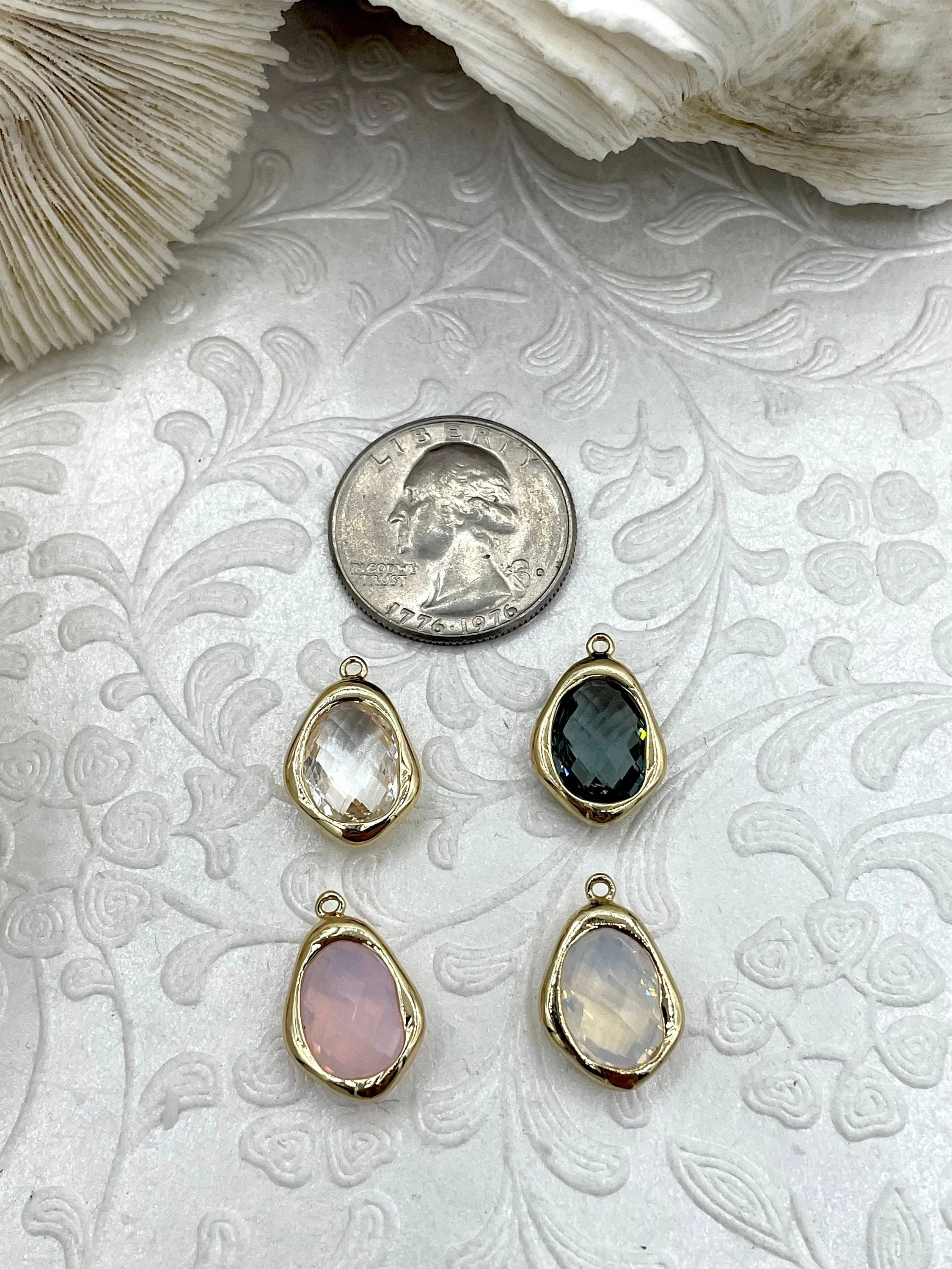 Gold Trimmed Crystal  Drop Pendants, Gold Trimmed Charms. Gold plated bezel, 4 styles, clear, grey, cream, and pink. Fast Ship