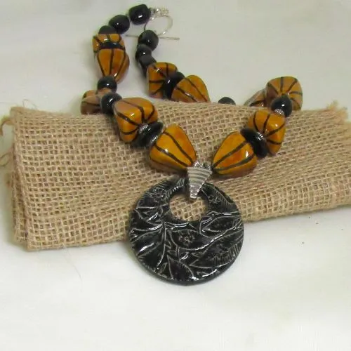 Honey and Black Kazuri Warrior Necklace with Fair Trade Pendant