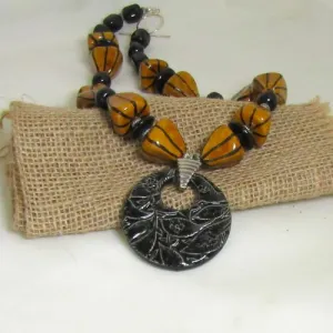 Honey and Black Kazuri Warrior Necklace with Fair Trade Pendant