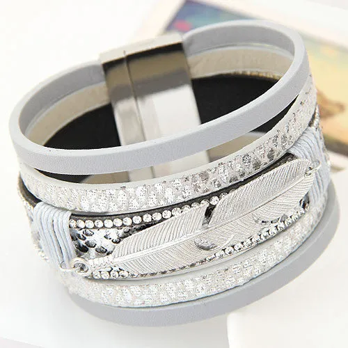 Hot Alloy Feather Leaves Wide Multilayer Rhinestone Leather Magnet Bracelet Leather Bangles pulseira feminina for Women