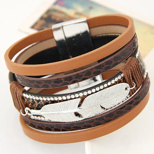 Hot Alloy Feather Leaves Wide Multilayer Rhinestone Leather Magnet Bracelet Leather Bangles pulseira feminina for Women