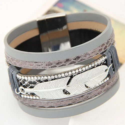 Hot Alloy Feather Leaves Wide Multilayer Rhinestone Leather Magnet Bracelet Leather Bangles pulseira feminina for Women