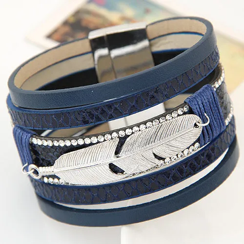 Hot Alloy Feather Leaves Wide Multilayer Rhinestone Leather Magnet Bracelet Leather Bangles pulseira feminina for Women