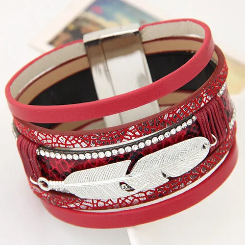 Hot Alloy Feather Leaves Wide Multilayer Rhinestone Leather Magnet Bracelet Leather Bangles pulseira feminina for Women