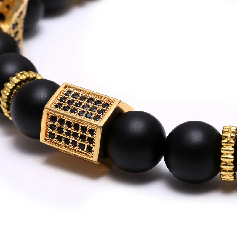 Hot Sale Micro Pave Black CZ Zirconia Gold Plated King Crown Charm ATOLYEWOLF Bracelet Men Dull Polish Matte Stone Bead Bracelet