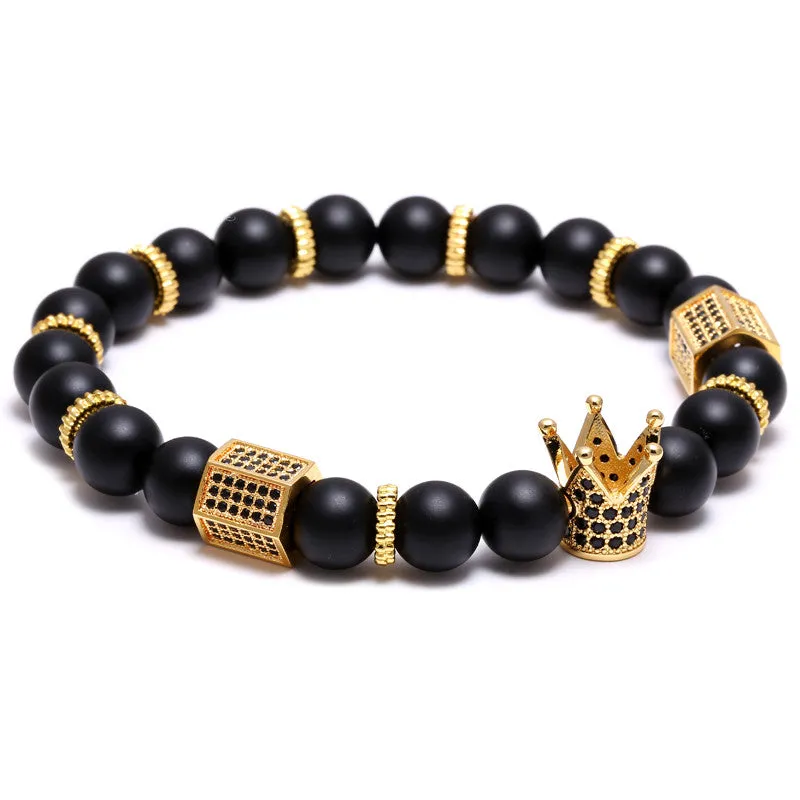 Hot Sale Micro Pave Black CZ Zirconia Gold Plated King Crown Charm ATOLYEWOLF Bracelet Men Dull Polish Matte Stone Bead Bracelet