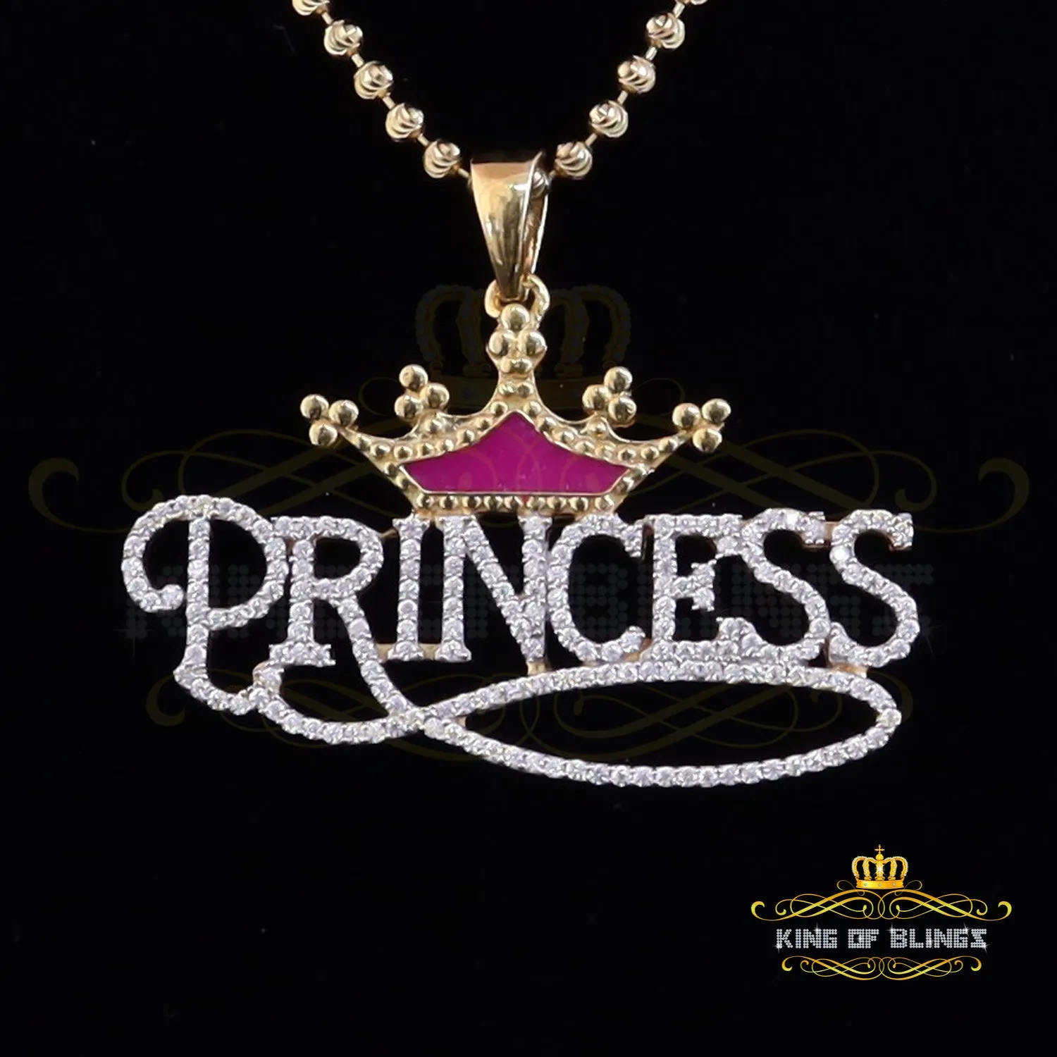 King Of Bling's 3ct Real Moissanite 925 Silver "PRINCESS" with Pink Enamel CROWN Yellow Pendant