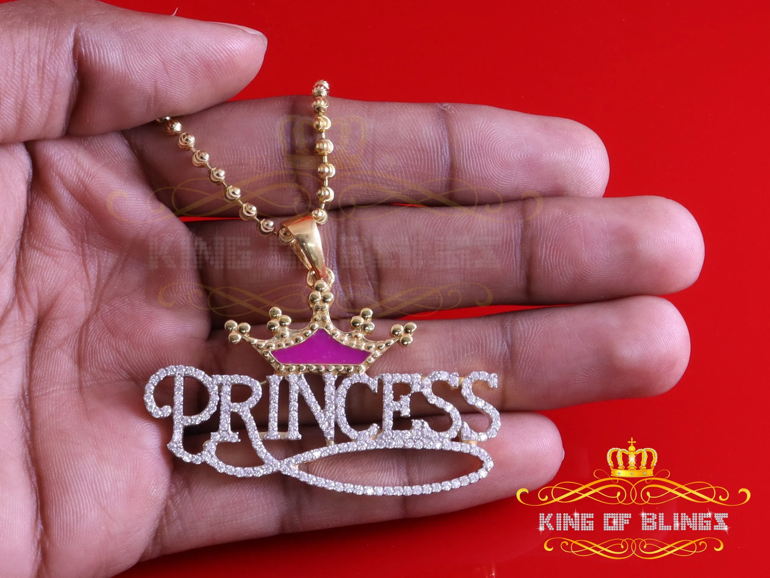 King Of Bling's 3ct Real Moissanite 925 Silver "PRINCESS" with Pink Enamel CROWN Yellow Pendant