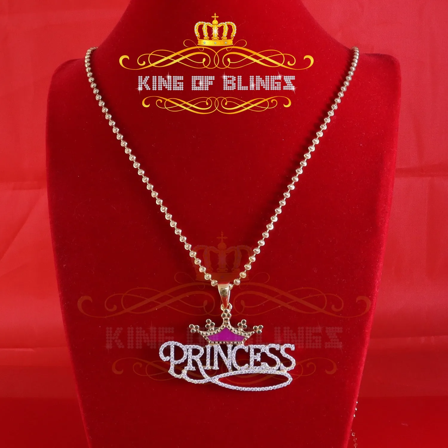 King Of Bling's 3ct Real Moissanite 925 Silver "PRINCESS" with Pink Enamel CROWN Yellow Pendant