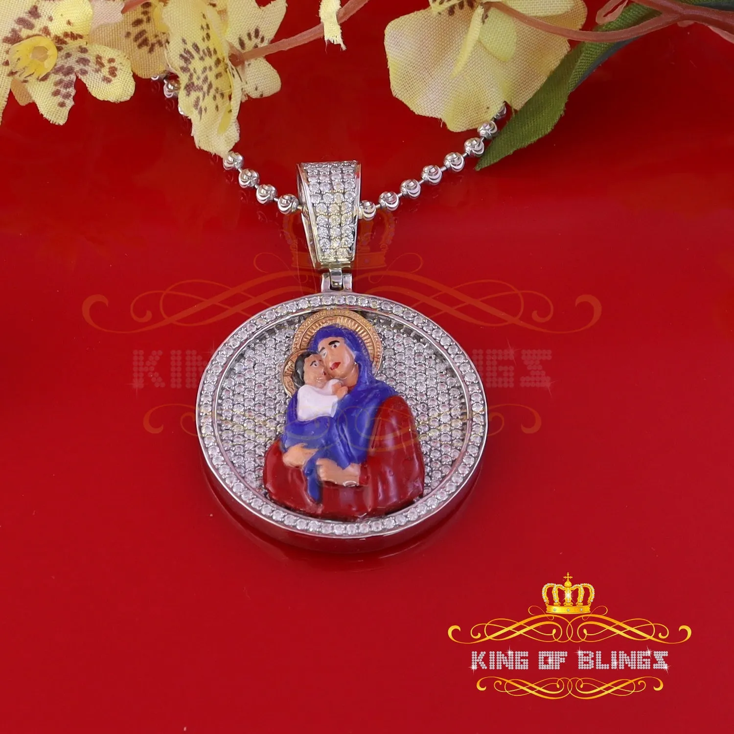 King Of Bling's 5.00ct Moissanite White 925 Silver Jesus & Mother Marry Round 1.50 inch Pendant